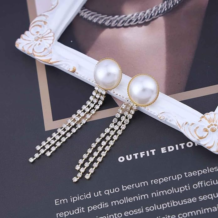 Vintage Crystal Pearl Drop Earrings Cz Bridal Crystal Earrings Long Rhinestone Tassel Earrings Gold Pearl Stud Earrings Jewelry for Women-Velvo Beauty