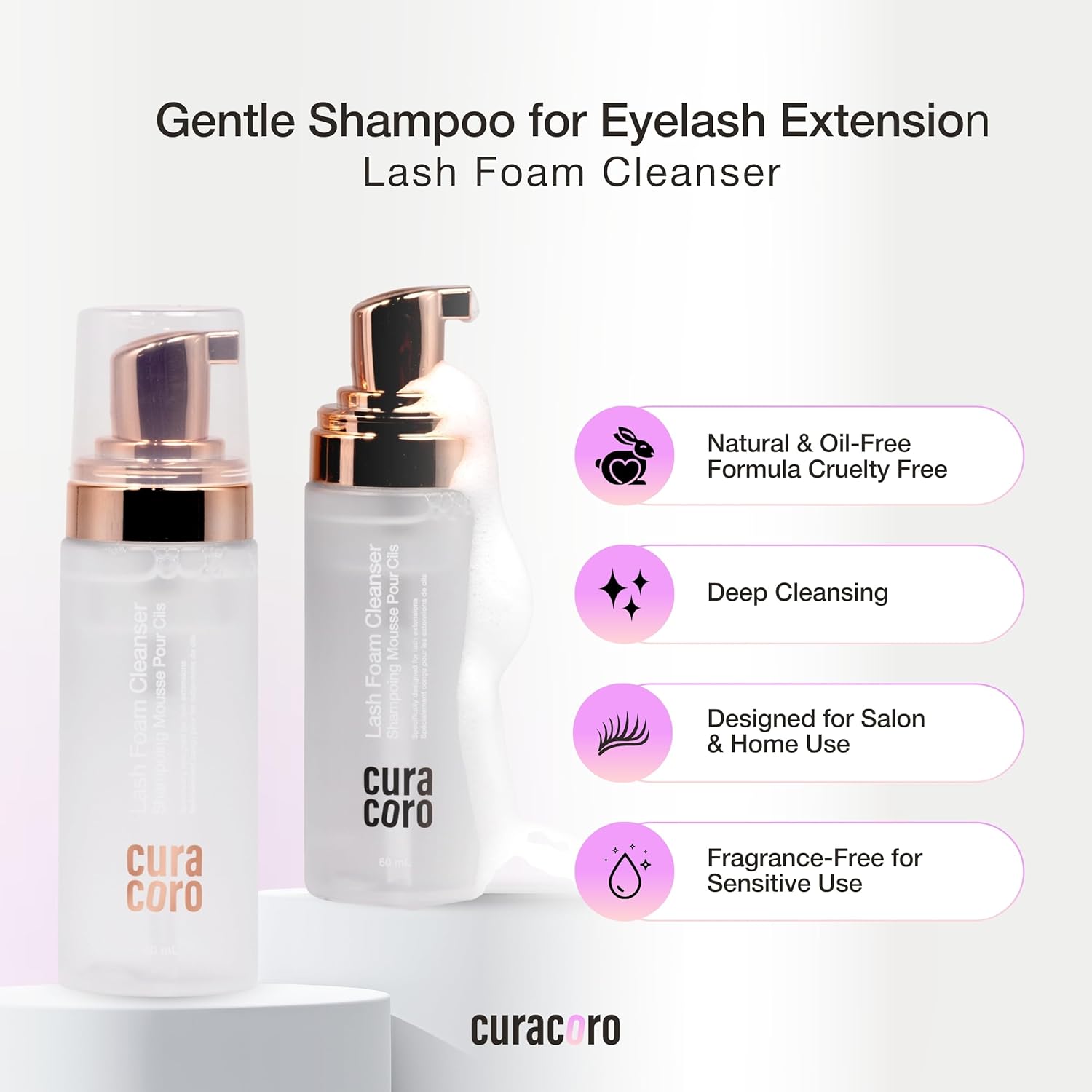 CURACORO 60ML Eyelash Extension Cleanser (Unscented) - Lash Shampoo for Lash Extensions, Eyelash Extension Foam Cleanser for Sensitive Skin, Removes Waterproof Makeup for Professional & Home Use-Velvo Beauty