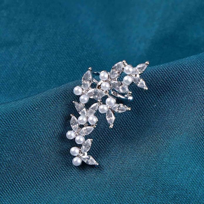 Vintage Crystal Pearl Ear Cuff Earrings Rhinestone Butterfly Cuff Wrap Earrings Cz Butterfly Ear Climber Cuff Earrings Silver Pearl Cz Non Piercing Earring Jewelry for Women(Left)-Velvo Beauty