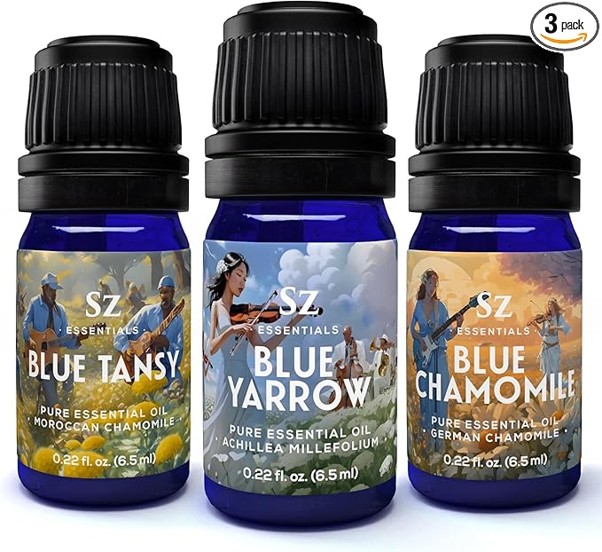 – “We Got The Blues” Essential Oils Set – Blue Tansy, Yarrow & German Chamomile – 3 x 6.5ml Bottles – 100% Pure, Natural, Undiluted – Therapeutic Grade & Vegan-Velvo Beauty