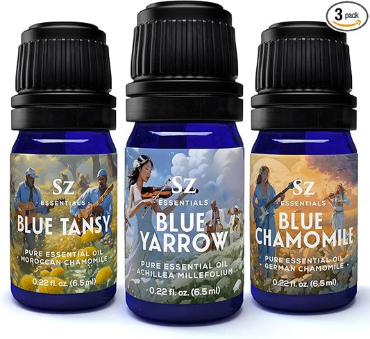 – “We Got The Blues” Essential Oils Set – Blue Tansy, Yarrow & German Chamomile – 3 x 6.5ml Bottles – 100% Pure, Natural, Undiluted – Therapeutic Grade & Vegan-Velvo Beauty