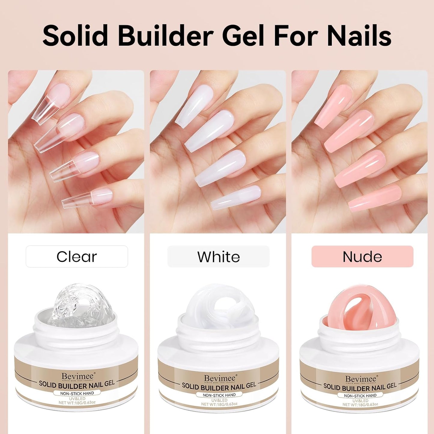 Solid Builder Gel for Nails 3PCS, 3D Hard Gel for Nail Art Sculpting Non-Stick Hand, Clear White Nude for Modeling, Sculpture, Nail Extension UV/Led Manicure DIY At Home 18g*3Colors-Velvo Beauty