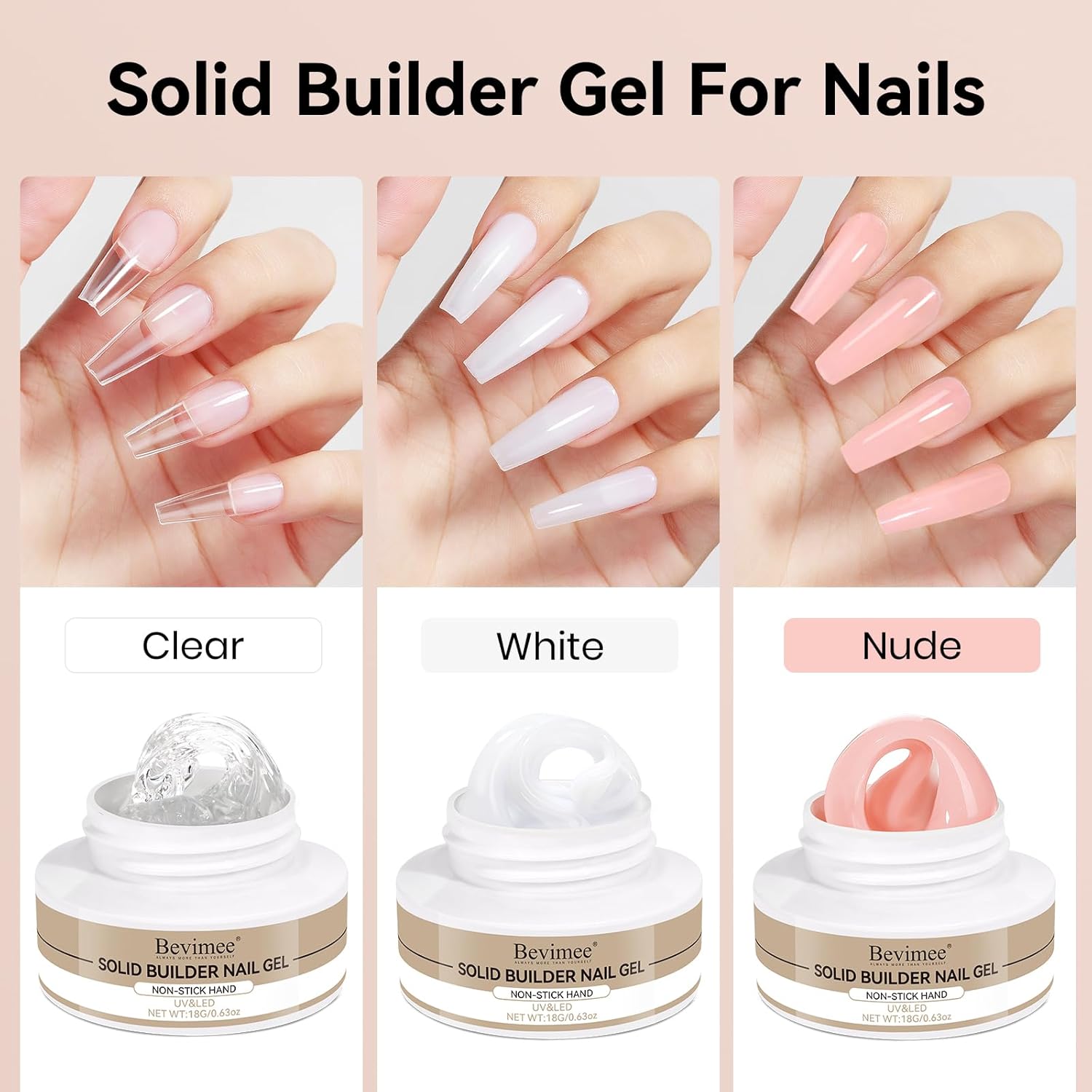 Solid Builder Gel for Nails 3PCS, 3D Hard Gel for Nail Art Sculpting Non-Stick Hand, Clear White Nude for Modeling, Sculpture, Nail Extension UV/Led Manicure DIY At Home 18g*3Colors-Velvo Beauty
