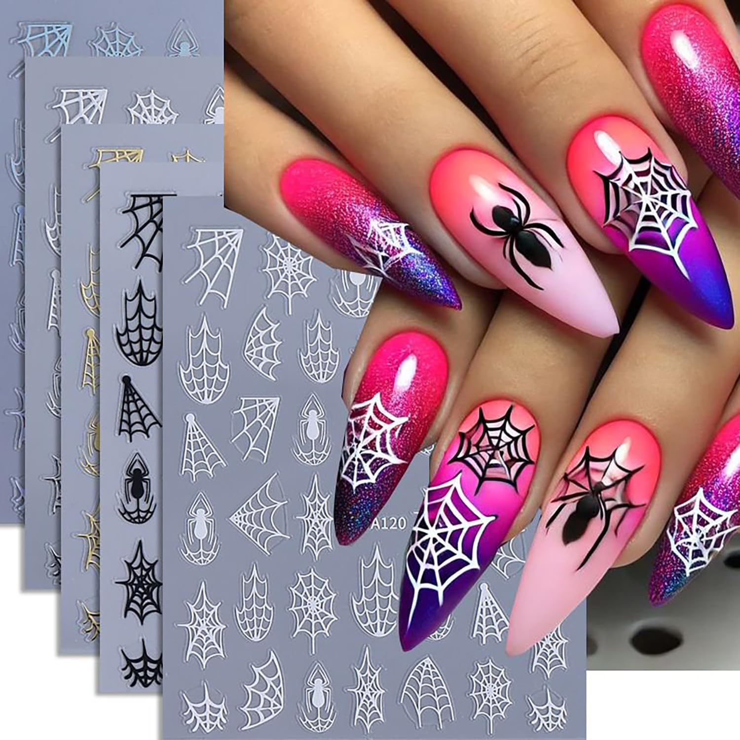 6 Sheets Halloween Spider Web Nail Art Stickers 3D Self -Adhesive Spider Web and Spider Nail Decals Holographic Black Gold Silver Nail Stickers Halloween Nail Decoration for Women Manicure Supplies-Velvo Beauty