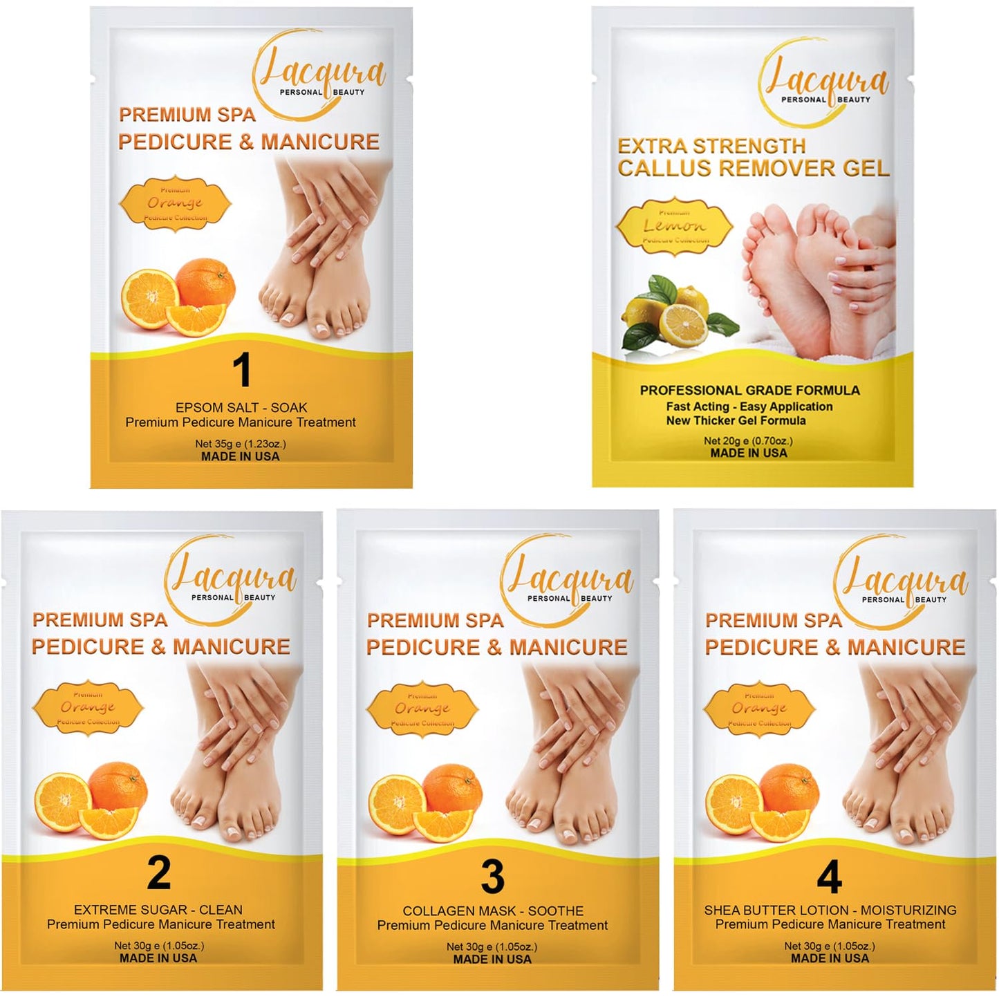 Epsom Salt Soak, Callus Remover Gel, Extreme Sugar Scrub, Collagen Mask & Shea Butter Lotion – Professional Spa Foot Care System 5 Step Luxury Pedicure Kit. Orange 03 Set-Velvo Beauty