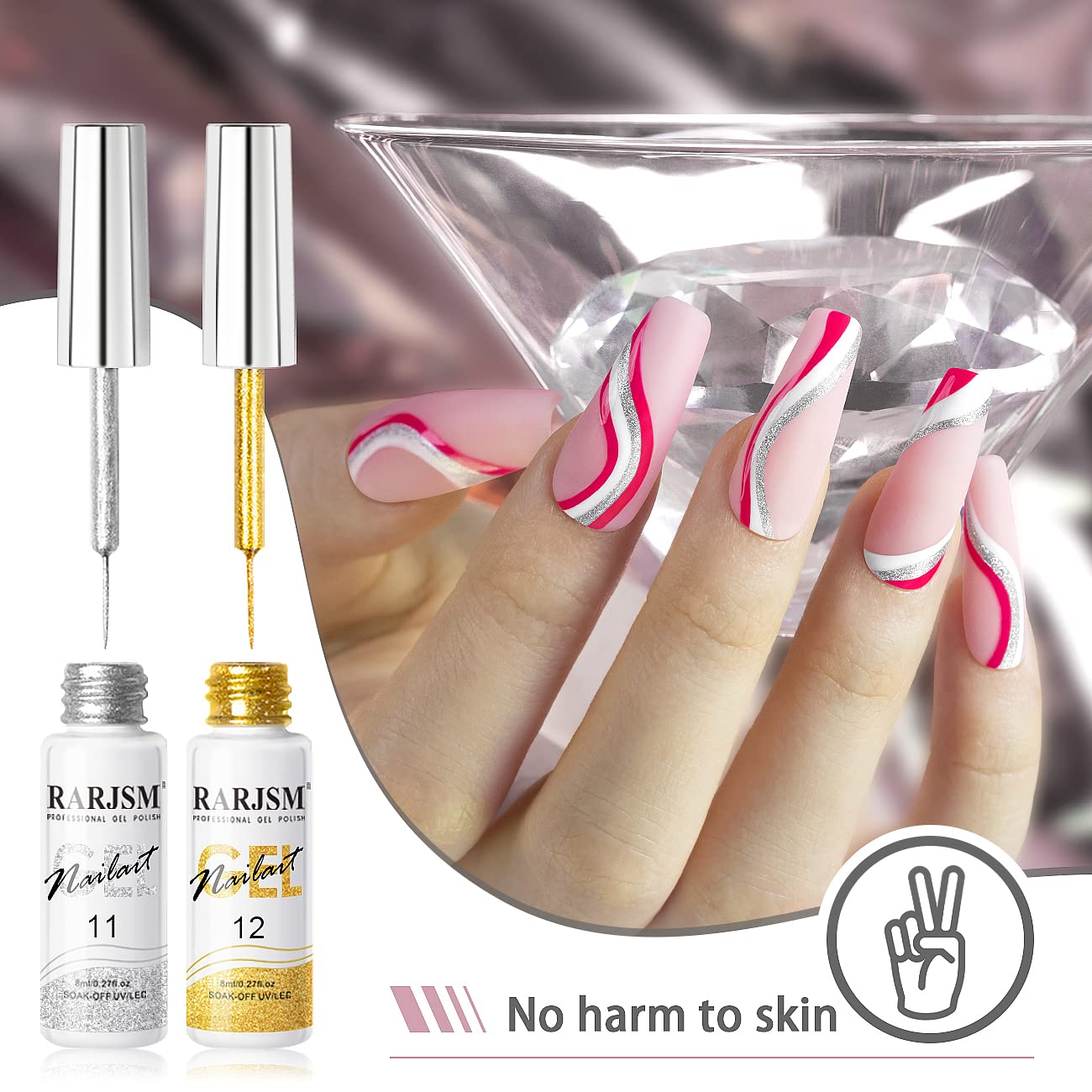 RARJSM Gel Liner Nail Art Silver Gold Glitter Nail Design Polish Painted Gel Nail Polish Set 2Pcs Soak off Curing Requires 8ml Build in Thin Brush for Home Salon Diy Nail Decoration Dotting Painting-Velvo Beauty