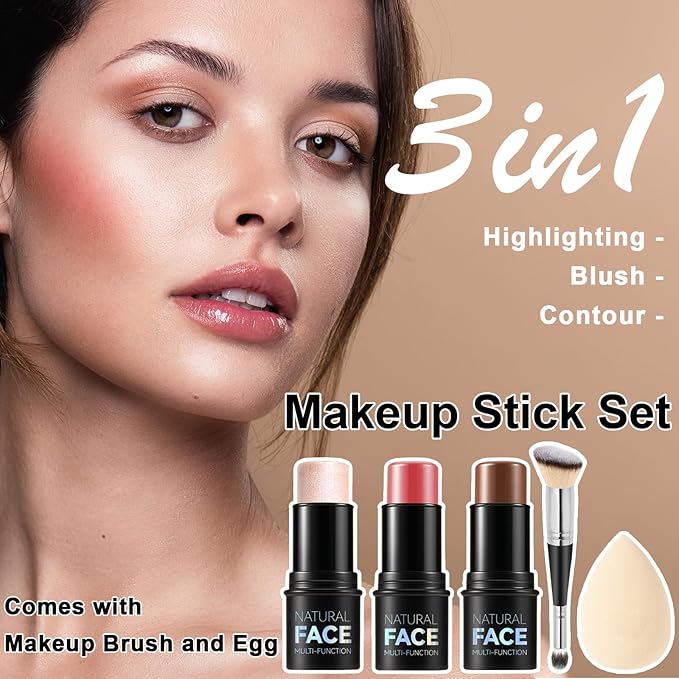 3Pcs Cream Contour Stick Makeup Kit, Shades with Highlighter Stick, Blush Stick and Bronzer Contour Stick for Sculpt the Cheeks, Long Lasting, Waterproof, Matte & Dewy Finish (LIGHT MEDIUM)-Velvo Beauty
