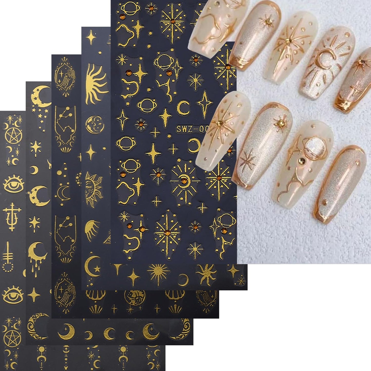 5 Sheets Metallic Gold Nail Art Stickers 3D Self-Adhesive Nails Stickers Bohemian Sun Moon Hexagram 3D Decal Supplies Women DIY Gold Metal Nail Art Decoration-Velvo Beauty