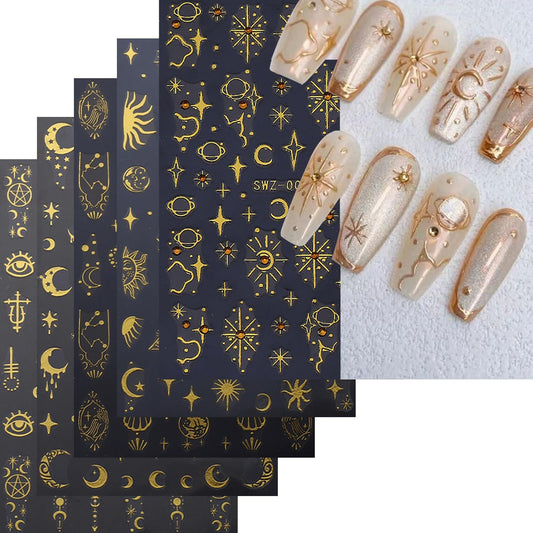 5 Sheets Metallic Gold Nail Art Stickers 3D Self-Adhesive Nails Stickers Bohemian Sun Moon Hexagram 3D Decal Supplies Women DIY Gold Metal Nail Art Decoration-Velvo Beauty