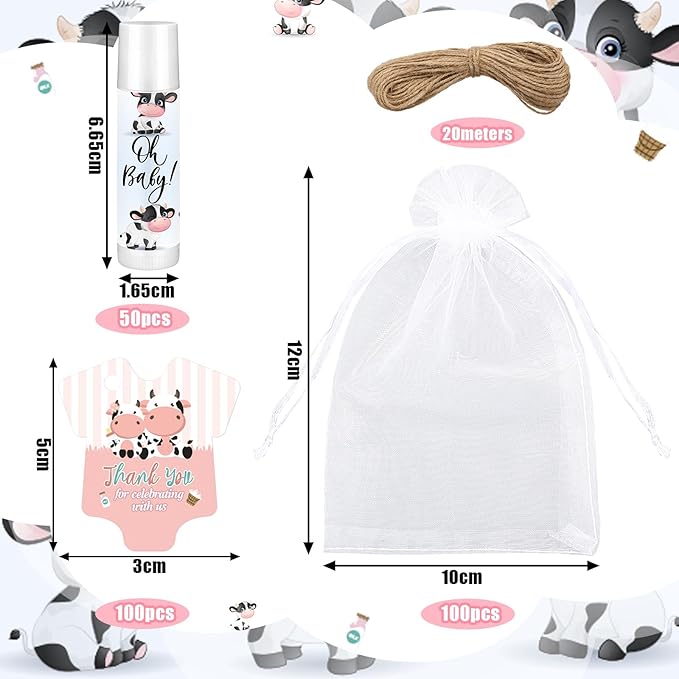 Demissle 50 Pcs Baby Shower Lip Balm Gift Set with 100 Pcs Organza Bags Baby Shower Party Favor for Guest Thank You Tag Rope Baby Shower Party Decoration Gender Reveal Souvenirs(Cow)-Velvo Beauty