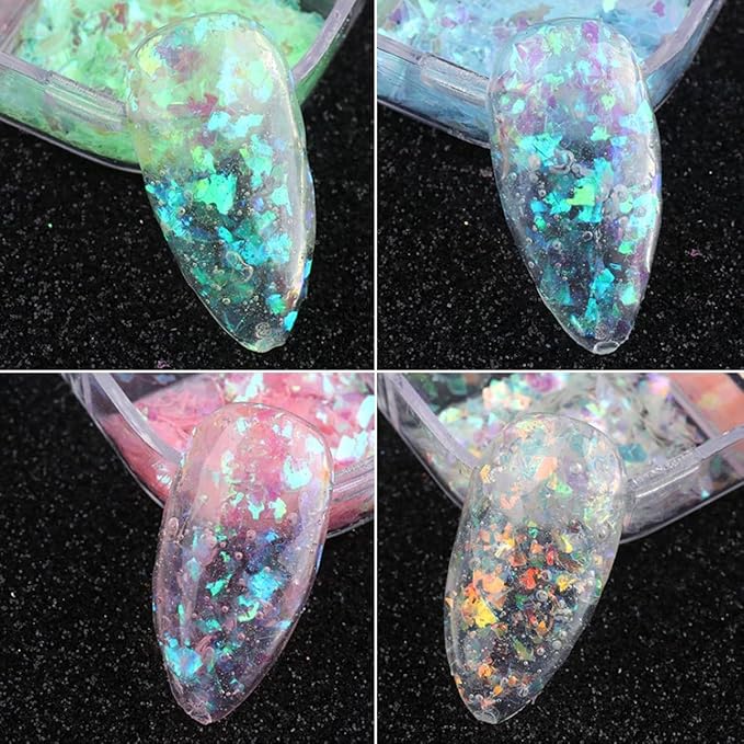 12 Colors Holographic Nail Art Glitter Sequins Aurora Holographic Mermaid Nail Glitter Flash Ice Residue Nail Glitter Sequin Chameleon Flakes Set Fluorescent Glass Paper for Face Body DIY Decoration-Velvo Beauty