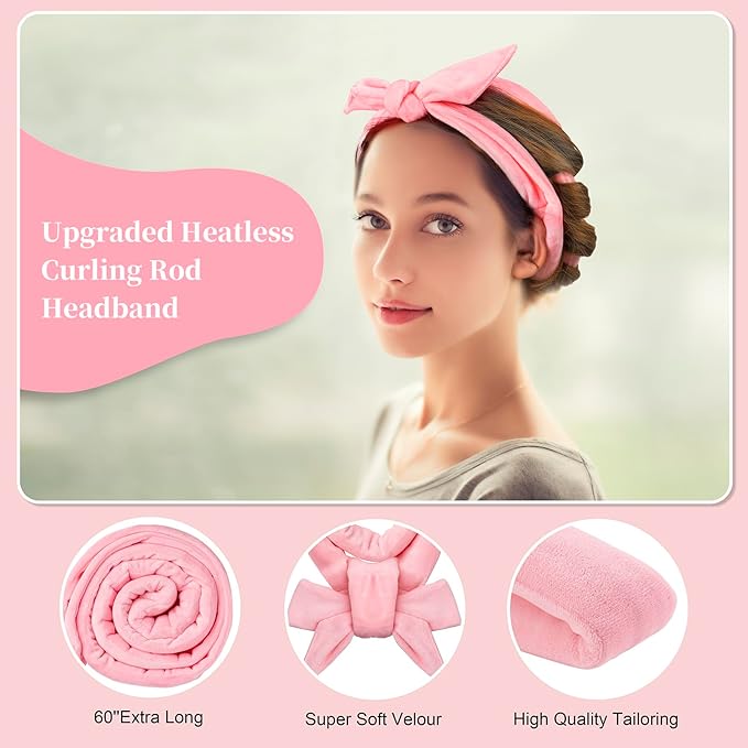 Heatless Curling Rod Headband, Upgraded 60" Extra Long Heatless Curls Headband Soft Hair Curlers to Sleep In Hair Rollers No Heat Curls (Deep Pink)-Velvo Beauty
