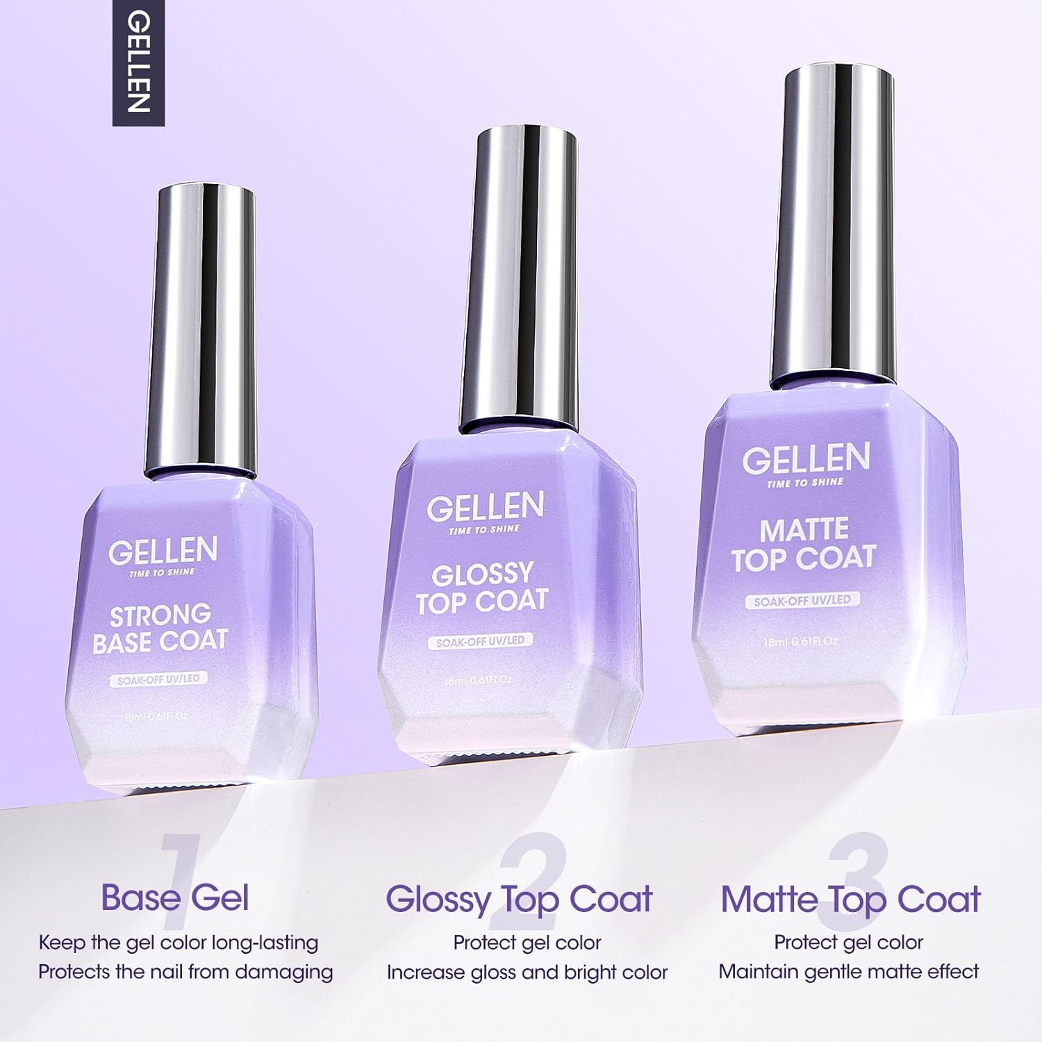 Gellen Gel Top Coat, 18ml 3pc Gel Base and Top Coat Matte and Glossy Top Coat for Gel Nail Polish,No Wipe Clear Gel Top Coat Gel Base Coat Nail Polish Soak Off UV Lamp Gel Polish Set for Starter-Velvo Beauty