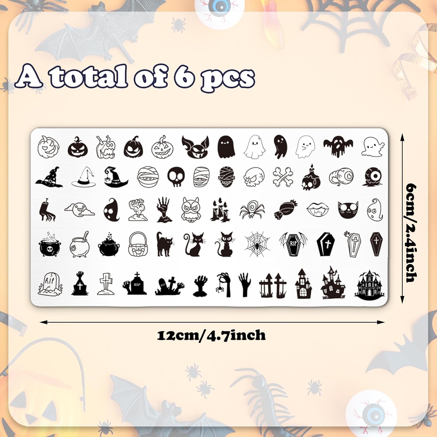 Whaline 6Pcs Halloween Nail Plates Stamping Set Pumpkin Ghost Bat Witch Stamp Templates Nail Art Plates for Trick or Treat Party DIY Print Manicure Salon Design-Velvo Beauty
