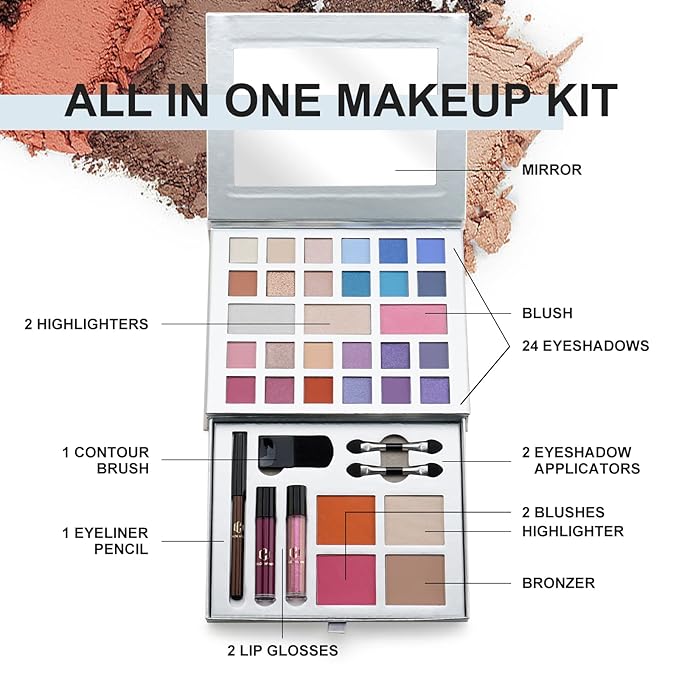 Color Nymph Makeup Kit for Teens, All in One Makeup Kit for Women Included 24 Colors of Matte Shimmer Eyeshadow, Highly Pigmented Lip Glosses, Eyeliner Pencil, Brushes, and Mirror-Velvo Beauty