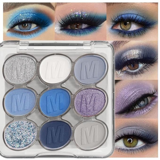 9 Colors Blue Silver Matte Shimmer Eyeshadow Palette for Eye Makeup,High Pigmented White Gray Eye Shadow Primers Powder Palet de sombras de ojos-Velvo Beauty