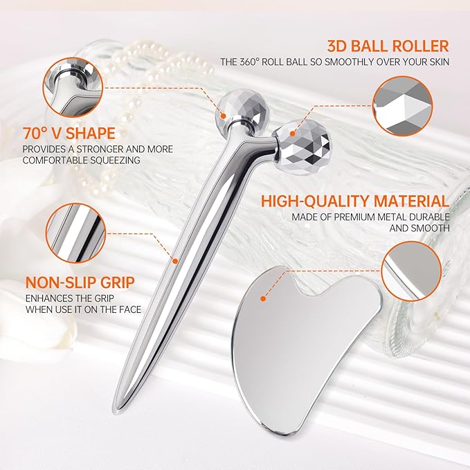 3D Gua Sha Facial Tools Metal Face Roller Stainless Steel Gua Sha Set Cooling Massage Tools for Reduce Puffiness, Firm Skin, Anti-Aging Care - Daily Facial Sculpting Gift for Women-Velvo Beauty