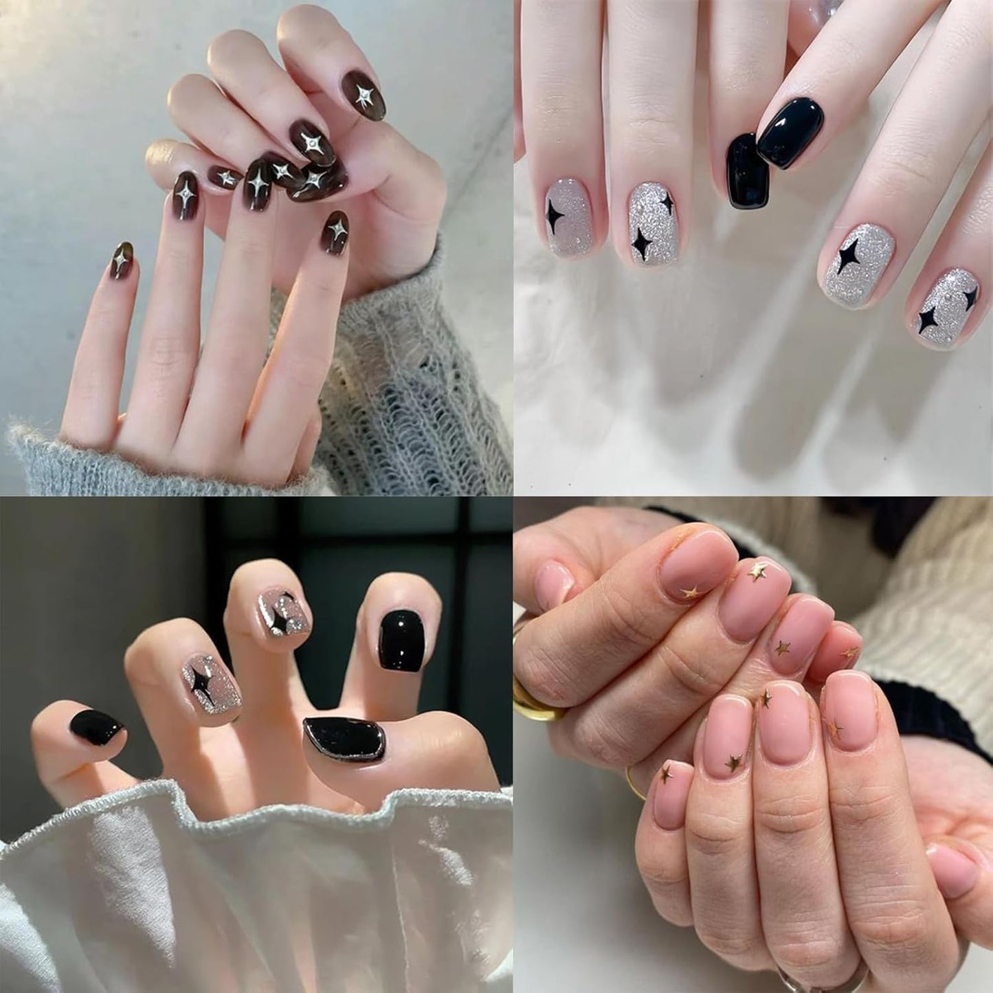 6Sheets Rhinestones Star Nail Art Stickers,3D Self-Adhesive Glitter Gold Silver White Black Stars Nail Art Design Decals Star Stickers for Acrylic Nails Art for Women Girls DIY Manicure Decorations-Velvo Beauty