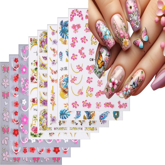 8 Sheets Flower Nail Art Sticker 3D Self-Adhesive Nails Stickers Floral Butterfly Nail Art Decals Holographic Blossom Decal for Women Hot Stamping French Manicure Stickers DIY Nail Supplies-Velvo Beauty