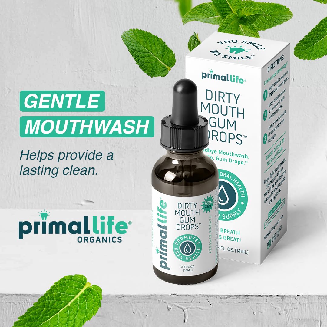 Primal Life Organics - Dirty Mouth Gum Serum, Natural Essential Oils, Promotes Good Breath, Gentle Mouthwash, Supports Good Oral Health, Great On Your Gums, Paleo, Organic, Vegan, Gluten-Free (0.5 oz)-Velvo Beauty