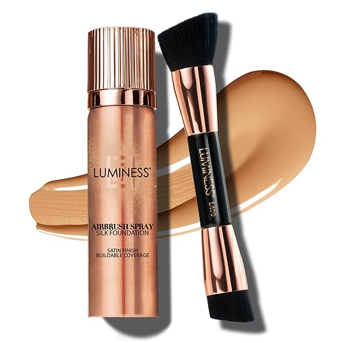 LUMINESS Silk Airbrush Spray Foundation 2-PC Kit - Foundation & Dual-Sided Angled Makeup Brush - Buildable Coverage, Anti-Aging Formula, Humidity Resistant, Hydrates & Moisturizes, Medium-Velvo Beauty