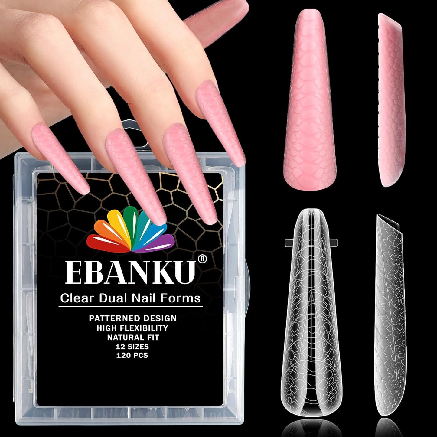 EBANKU Dual Forms for Poly Extension Gel, Poly Nail Forms Molds Stiletto Oval Nail Extension Tips for Gel Manicure Nail Art Design Salon&DIY-120PCS 3D Snake Pattern-Velvo Beauty