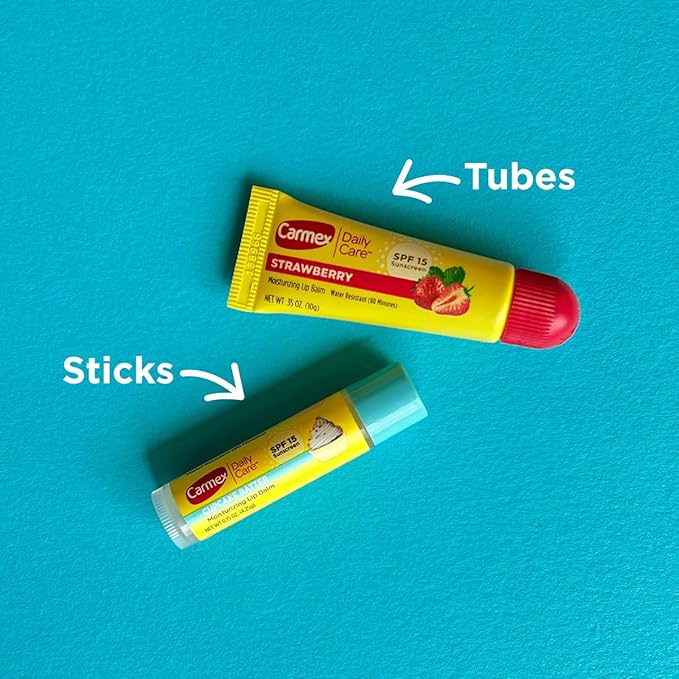 Carmex Daily Care Moisturizing Lip Balm Pack, SPF 15, Strawberry & Cupcake Batter Flavor Variety Pack Bag, 9 Count (7 Sticks, 2 Tubes)-Velvo Beauty