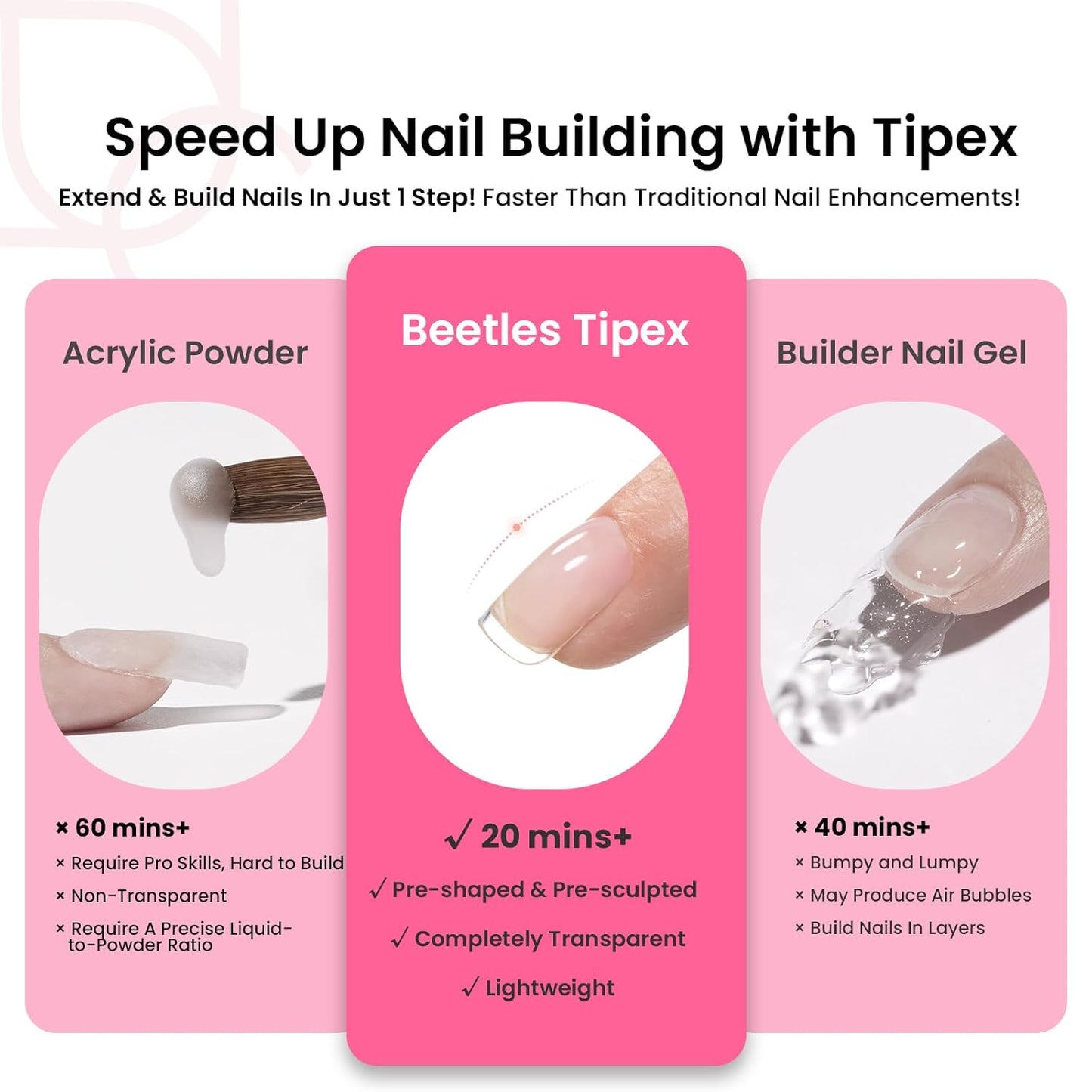 Beetles Tipex Instant Apex Nail Tips Kit, Extra Short Squoval 224Pcs 16 Sizes Pre-Building & Pre-Etched Gel Nail Tips Thicker Acrylic Nails False Nail Extension with Tipex Uv Nail Glue Mini Nail Lamp-Velvo Beauty