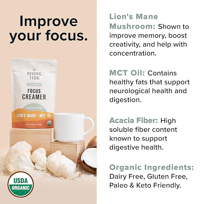 Rising Tide Organic Mushroom Superfood Creamer - Coconut Milk Powder, Lions Mane Mushrooms, & MCT Oil - Dairy Free, Unsweetened, Keto Friendly & Plant-Based - Only 4 Ingredients - Add to Coffee, Matcha or Smoothies-Velvo Beauty
