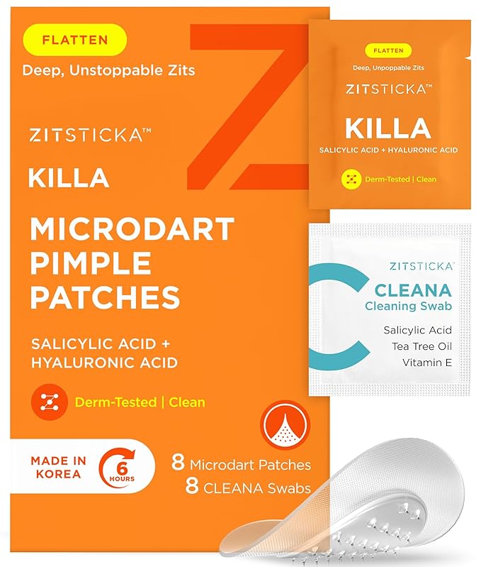 ZitSticka Killa Pimple Patches for Face - World's Most Potent Pimple Patch with Fast-Acting Microdarts - Starts Working within 6 Hours for Deep, Early-Stage Zits - Regular 8 Count with Cleana Swab-Velvo Beauty