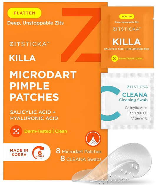 ZitSticka Killa Pimple Patches for Face - World's Most Potent Pimple Patch with Fast-Acting Microdarts - Starts Working within 6 Hours for Deep, Early-Stage Zits - Regular 8 Count with Cleana Swab-Velvo Beauty