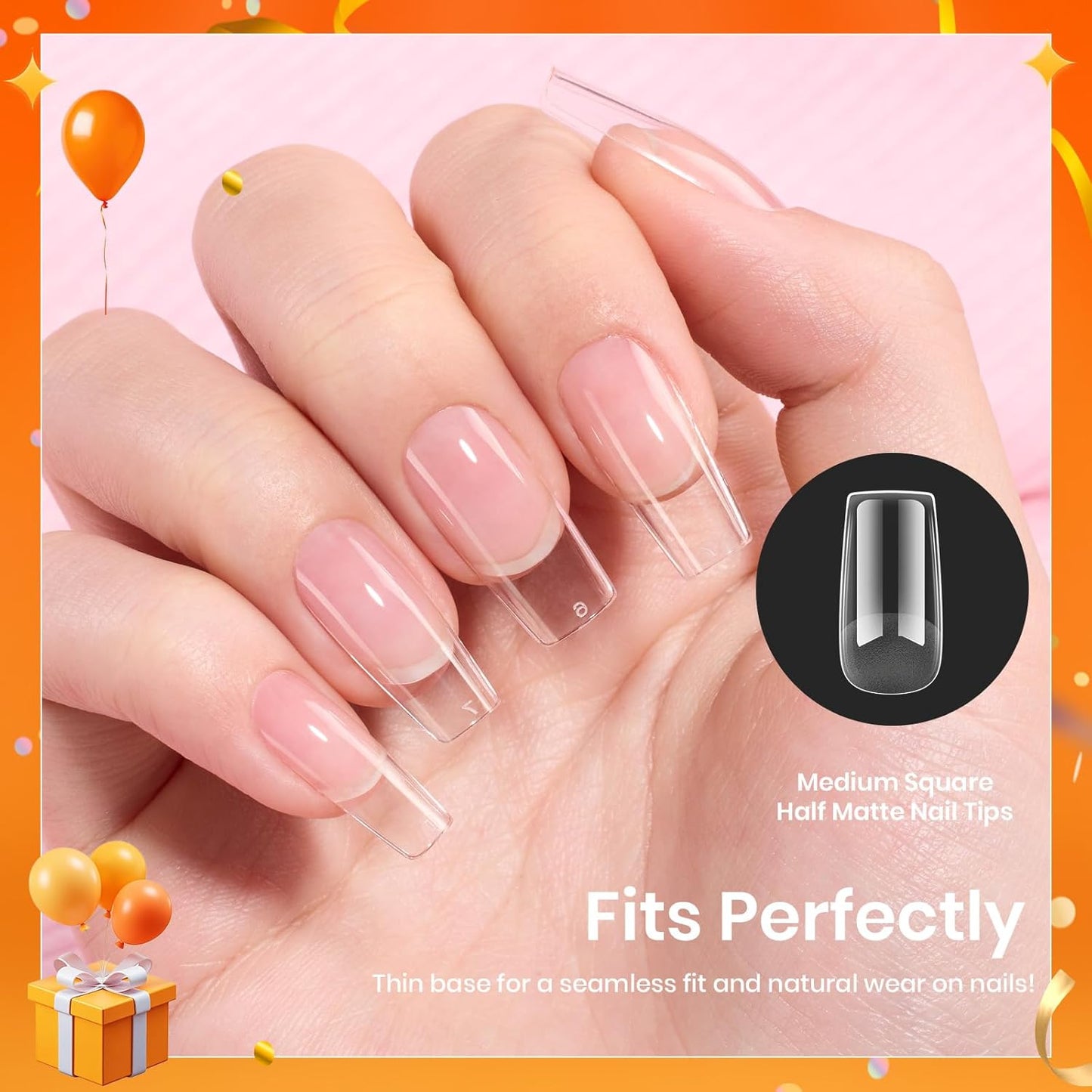 Beetles Gel Nail Tips Etch-X, Square Medium, 288Pcs 12 Sizes, Pre-Etched Half Matte Soft Acrylic False Nail Tips Full Cover Easy DIY Fake Press On Fall Nail Extension Salon Gift for Women-Velvo Beauty