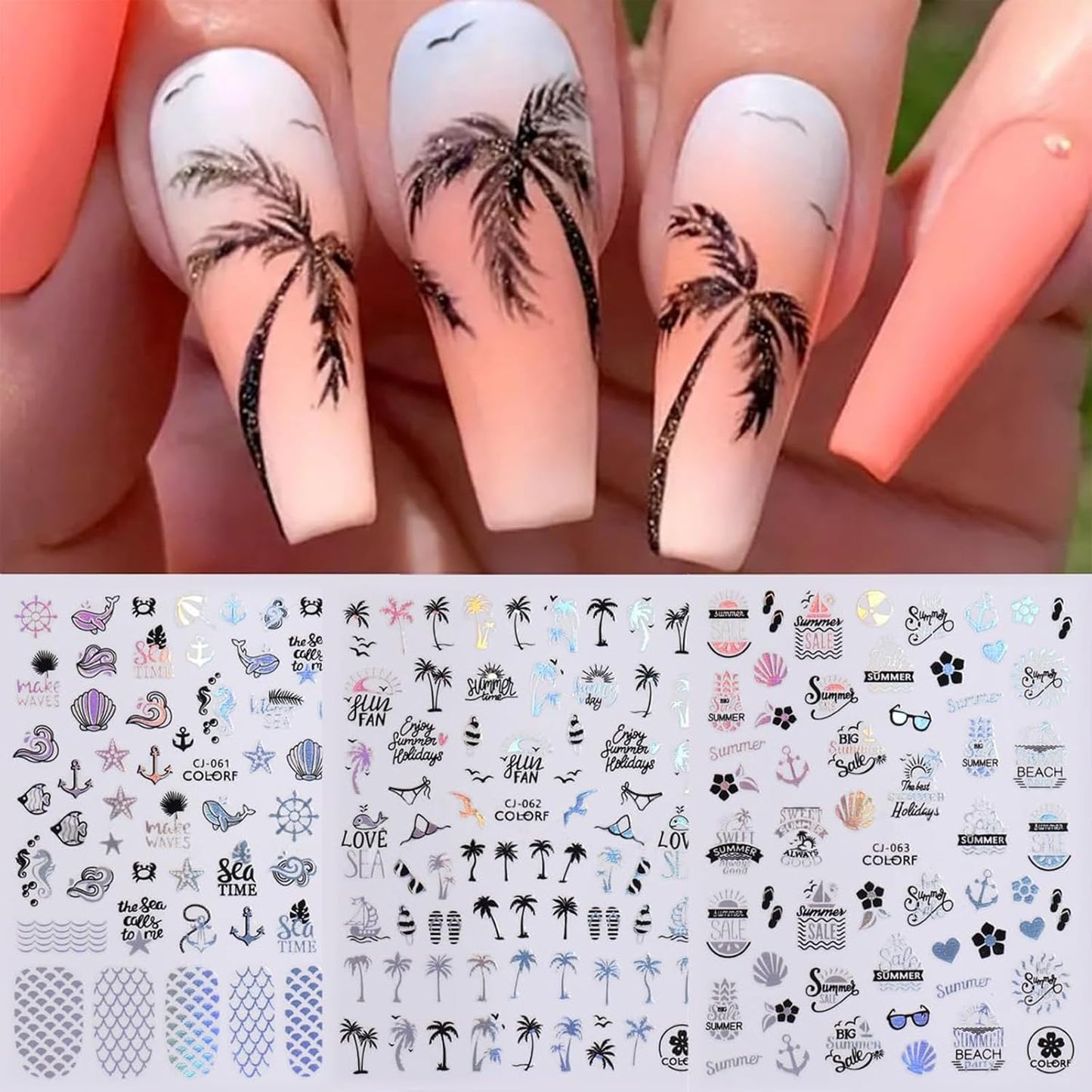 Summer Nail Art Stickers 6 Sheets Shell Nail Decals 3D Self-Adhesive Nails Design Accessories Palm Tree Jellyfish Mermaid Stickers for Women Nails Decoration-Velvo Beauty
