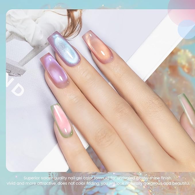 RARJSM Aurora Mermaid Cat Eye Gel Nail Polish Set 6pcs Reflective Pink Purple Green Blue Diamond Ceramic Glitter Glass Cateye Gelpolish with Magnet Stick 7.5ml Curing Requires Soak Off for Home Salon-Velvo Beauty