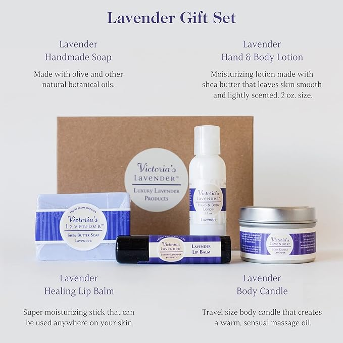Victoria's Lavender Natural Body Products Gift Set - Handmade Soap, Hand & Body Lotion, Lip Balm, Body Candle Skin Care Sets & Kits, Lavender Bath and Body Products for Women, Lavender-Velvo Beauty