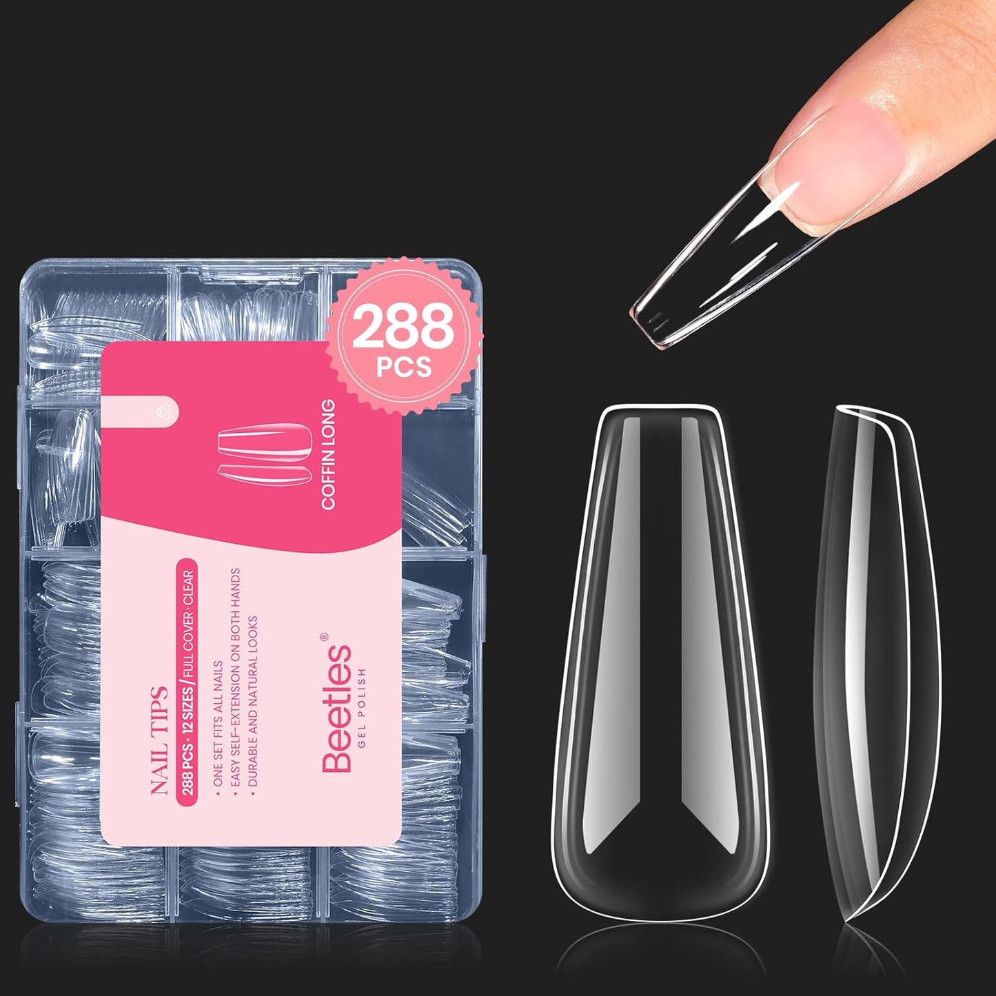 Beetles Gel Nail Tips Long Coffin Pre-Etched Nail Tips, 12 Sizes 288Pcs Pre Shaped Soft Gel Clear Nail Full Cover False Nail Tips Acrylic Glue on Nails Extension Fake Nails Manicure Gifts for Women-Velvo Beauty