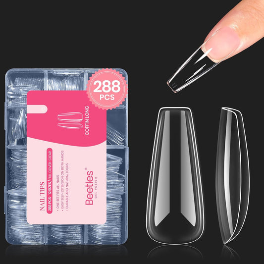 Beetles Gel Nail Tips Long Coffin Pre-Etched Nail Tips, 12 Sizes 288Pcs Pre Shaped Soft Gel Clear Nail Full Cover False Nail Tips Acrylic Glue on Nails Extension Fake Nails Manicure Gifts for Women-Velvo Beauty