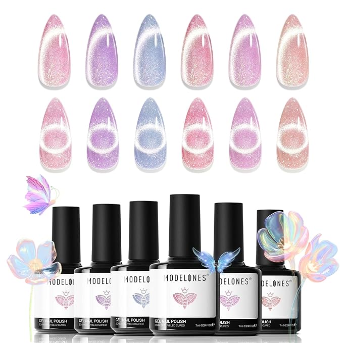 modelones Holographic Glitter Cat Eye Gel Nail Polish Kit 6 Colors with Magnet Romantic Rainbow Galaxy Series Pastel Gel Polish Soak Off Led Gel Nail Polish Set Nail Art Gel Manicure Salon DIY Gifts-Velvo Beauty