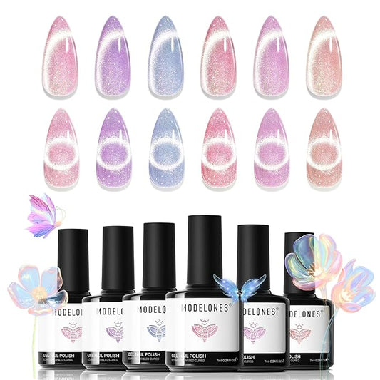 modelones Holographic Glitter Cat Eye Gel Nail Polish Kit 6 Colors with Magnet Romantic Rainbow Galaxy Series Pastel Gel Polish Soak Off Led Gel Nail Polish Set Nail Art Gel Manicure Salon DIY Gifts-Velvo Beauty