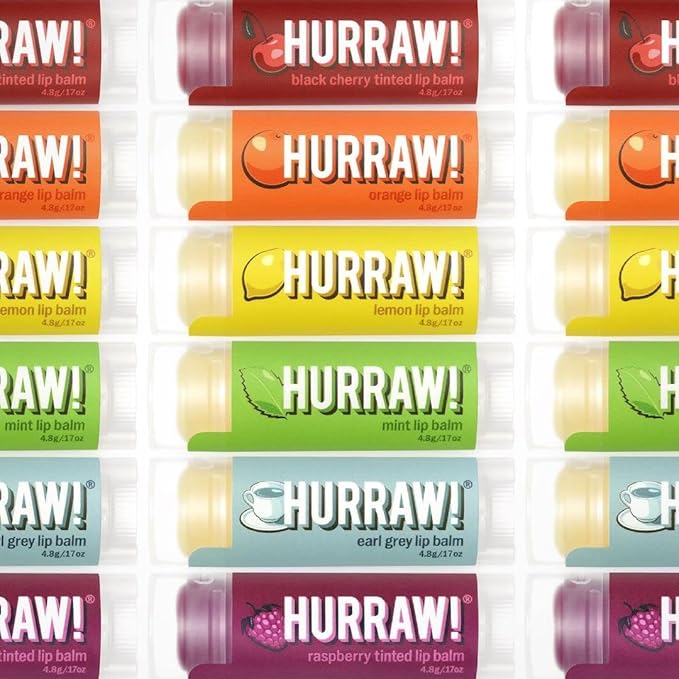 Hurraw! Lip Balms Staff Favorites, 6 Balm Bundle Pack: Black Cherry Tinted (Sheer Red Tint), Orange, Lemon, Mint, Earl Grey, Raspberry Tinted (Sheer Berry Tint). Organic, vegan & raw ingredients.-Velvo Beauty