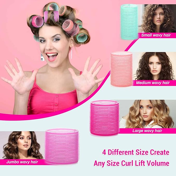 Acejoz Hair Rollers Set for Blowout Look, 38 Pcs Self Grip Hair Rollers with 4 Sizes, 12 Pcs Hair Clips, Comb, Storage Bag for Long, Medium, Short, Thick Hair Volume (Multicolor)-Velvo Beauty