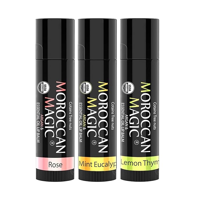 Moroccan Magic Organic Lip Balm Variety Pack Gift Set | Natural Argan and Essential Oils | Quality Smooth Application | Non-Toxic Cruelty Free | Rose, Peppermint Eucalyptus, Lemon Thyme | 3 Pack-Velvo Beauty