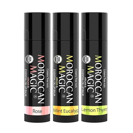 Moroccan Magic Organic Lip Balm Variety Pack Gift Set | Natural Argan and Essential Oils | Quality Smooth Application | Non-Toxic Cruelty Free | Rose, Peppermint Eucalyptus, Lemon Thyme | 3 Pack-Velvo Beauty