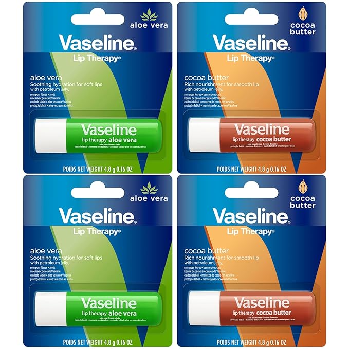Vaseline Lip Therapy Variety 4-Pack – Cocoa Butter + Aloe Vera Moisturizing Lip Balm with Vitamin E, 0.16 Oz Ea-Velvo Beauty