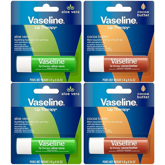 Vaseline Lip Therapy Variety 4-Pack – Cocoa Butter + Aloe Vera Moisturizing Lip Balm with Vitamin E, 0.16 Oz Ea-Velvo Beauty