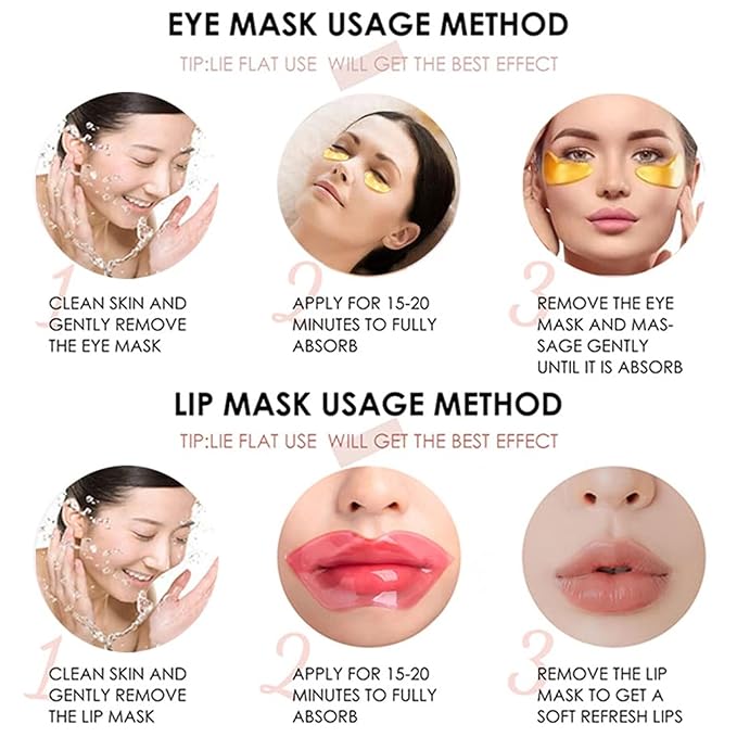 30 Pairs Lip Masks & 24K Gold Gel Eye Masks, Under Eye Collagen Patches and Crystal Gel Lip Masks Collagen Under Eye Mask for Dark Circles Puffiness and Wrinkles-Velvo Beauty
