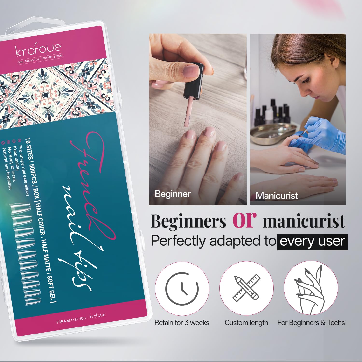 krofaue French Nail Tips - Acrylic Soft Gel False Tips 500PCS Half Cover Square Fake Nails for Women Half Matte French Tip Press on Nails 10 Sizes-Velvo Beauty