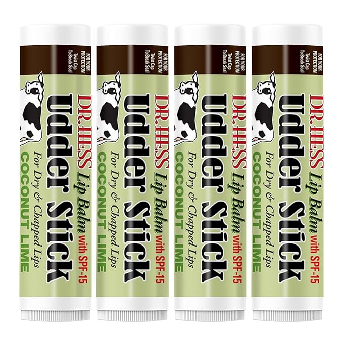 Original Udder Stick SPF Lip Balm, Soothing Moisturizer Sun Screen Balm for Dry Lips with Jojoba, Beeswax & Shea Butter, Total Lip Care, Hydration & Repair, Coconut-Lime Flavor, 4 Pack-Velvo Beauty