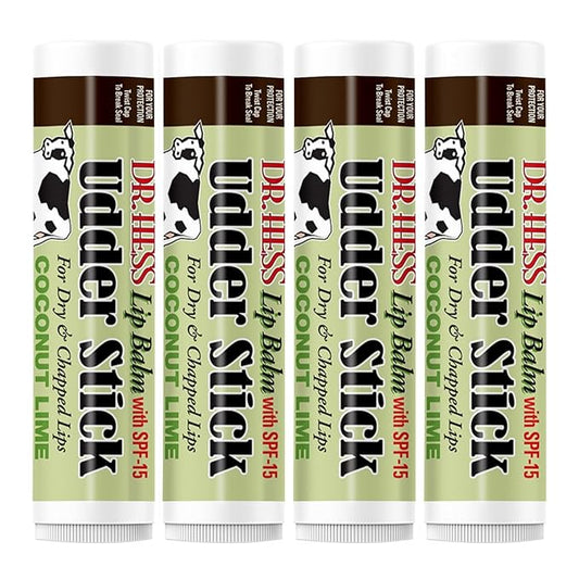 Original Udder Stick SPF Lip Balm, Soothing Moisturizer Sun Screen Balm for Dry Lips with Jojoba, Beeswax & Shea Butter, Total Lip Care, Hydration & Repair, Coconut-Lime Flavor, 4 Pack-Velvo Beauty