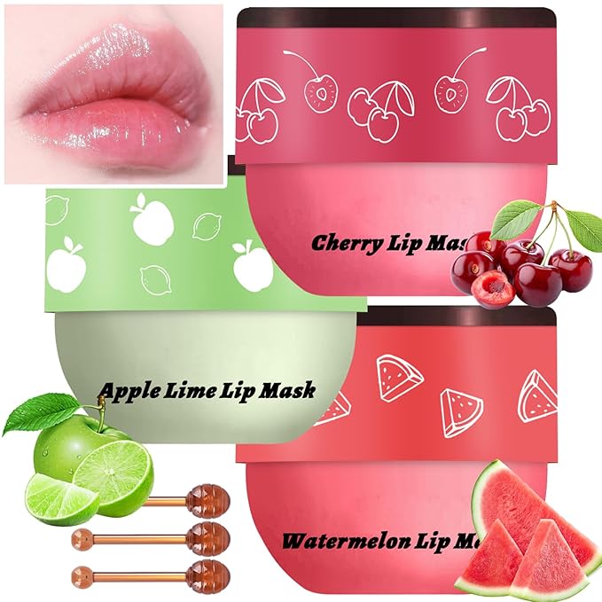 3 Pcs Bee Lip Balm Honey Pot, Cherry Watermelon Apple Lip Mask Overnight, Moisturizing Lip Sleeping Mask, Hydrate Repair Prevent Dry Cracked Lip Exfoliator Lip Care (Cherry+Watermelon+Apple Lime)-Velvo Beauty